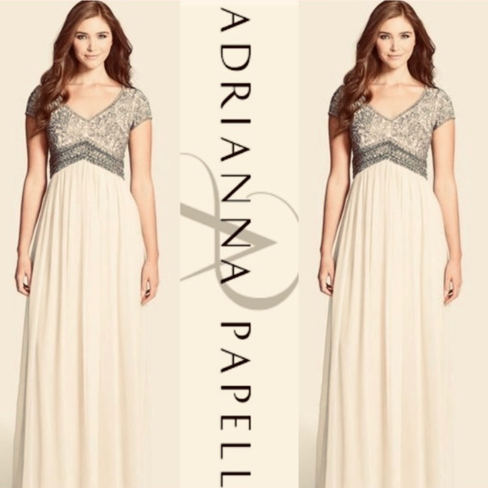 Adrianna Papell beaded top short sleeves V-neck long gown - Picture 3 of 10